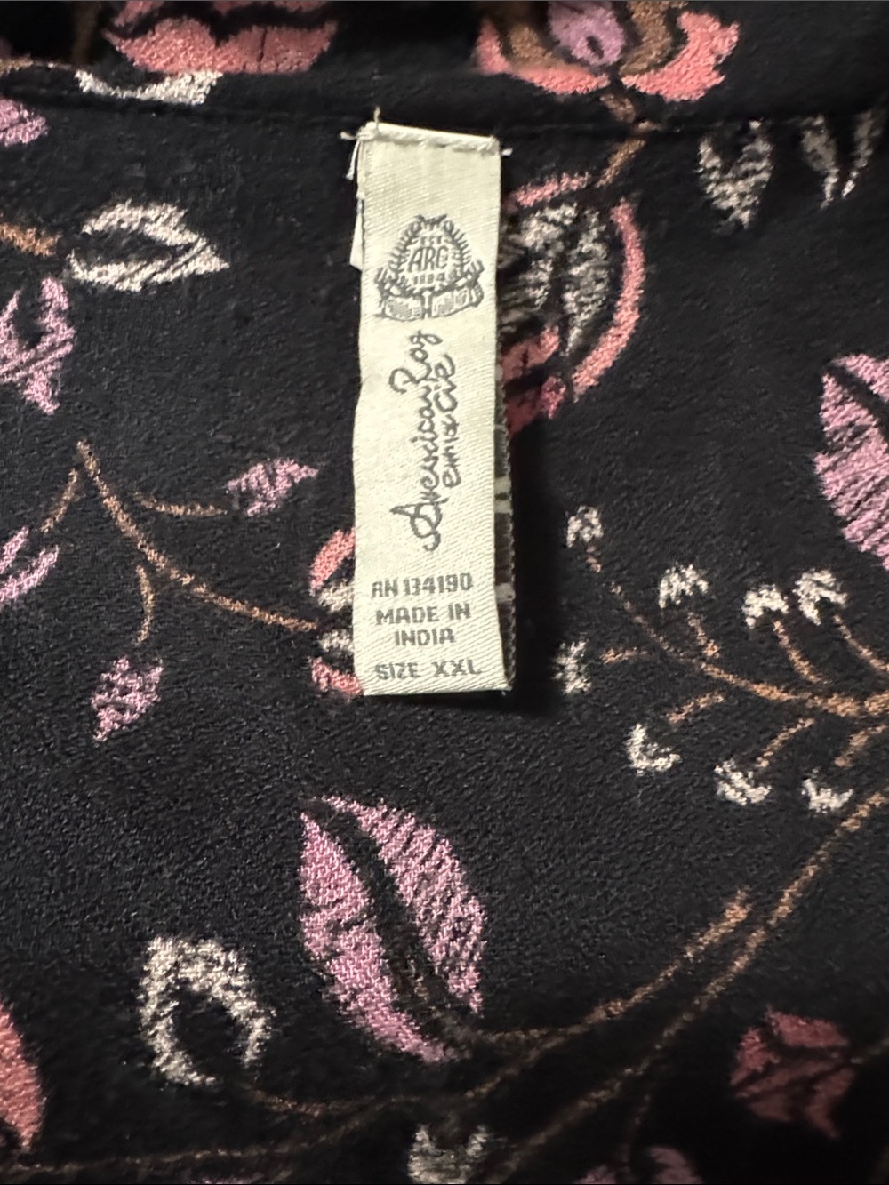 American Rag Black Top with Pink & Brown Leaf Print